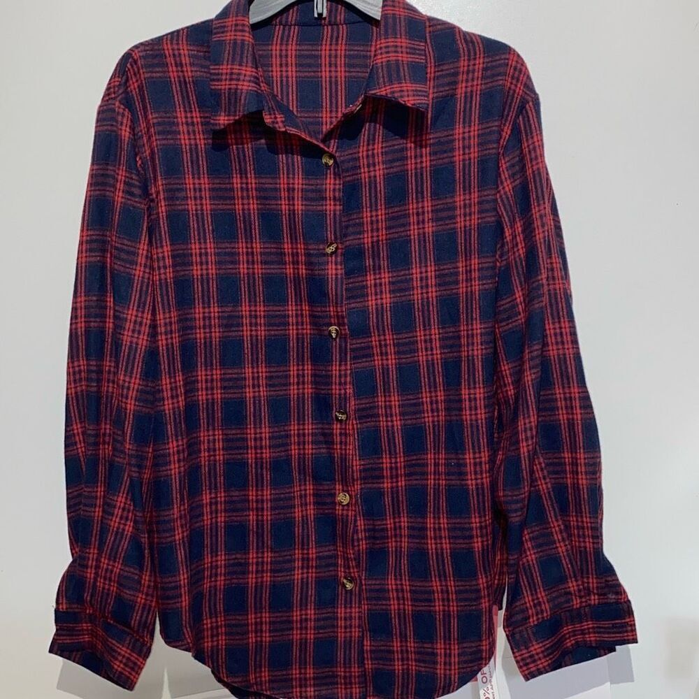 Romwe Women's Red Navy Plaid Long Sleeve Button Up Shirt Size 8/10 NWT